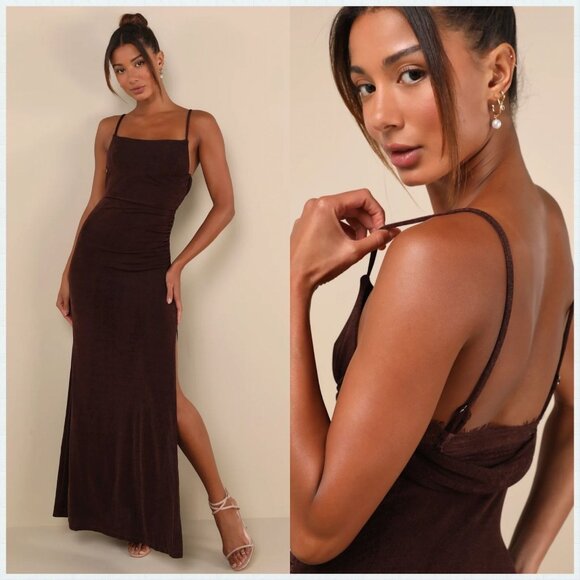 Lulus Dresses & Skirts - NWT Lulus Complete Catch Backless Lace Ruched Maxi Dress Brown Small